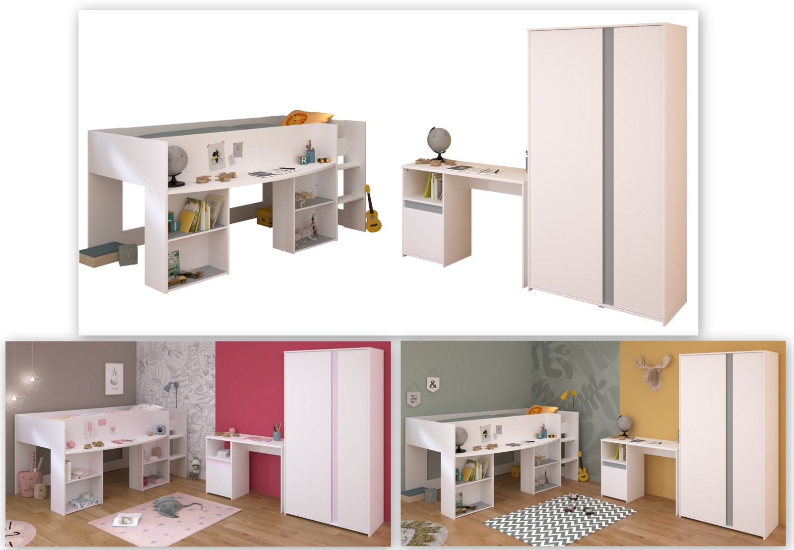 3-teiliges Kinderzimmer PIROUETTE 13 - weiß - rosa oder grau - 90x200 cm