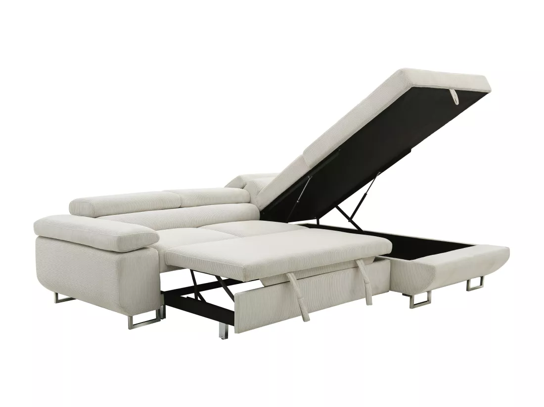 Canapé d'angle droit convertible en velours côtelé beige NURAZIO