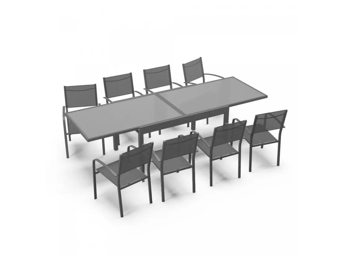 Table de jardin extensible aluminium 270cm + 8 fauteuils empilables textilène anthracite - LIO 8