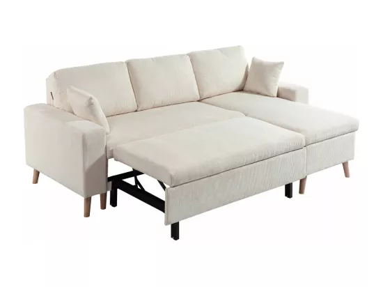 Canapé d'angle 3 places Maria scandinave réversible convertible avec coffre en velours côtelé - Beige - L227 x P148 x H95cm - Loungitude