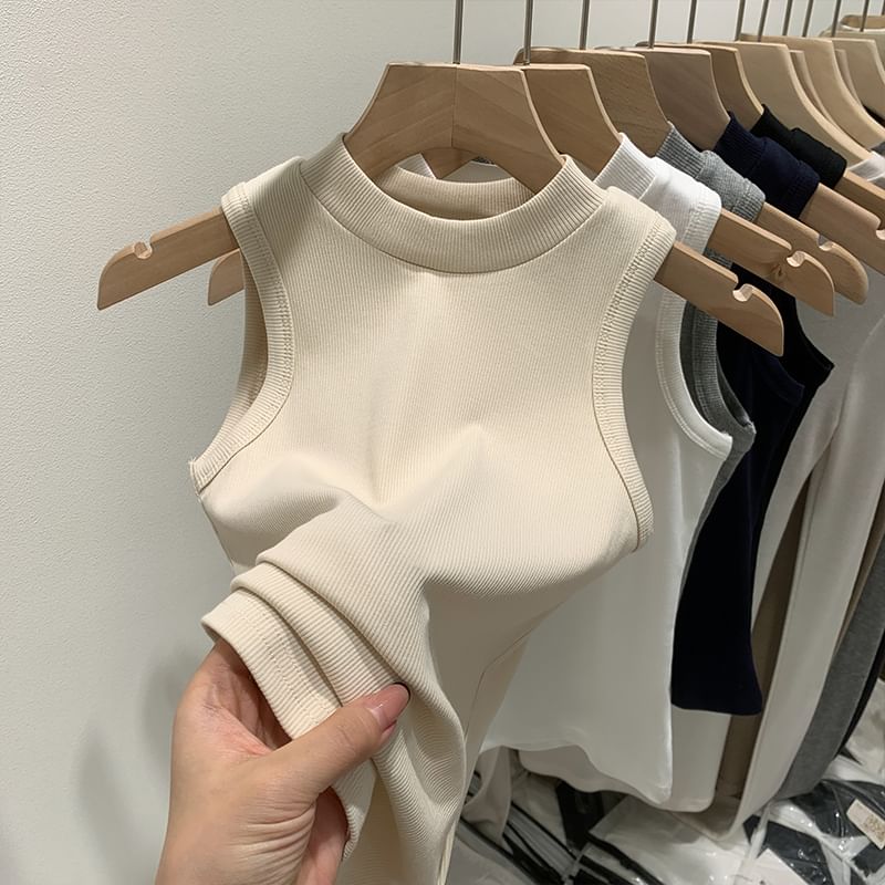 Yako - Mock Neck Plain Slim Fit Crop Tanktop