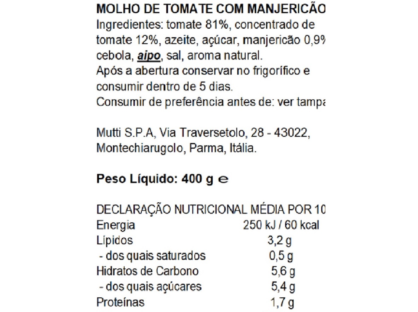 MOLHO MUTTI TOMATE COM MANJERICÃO 400G