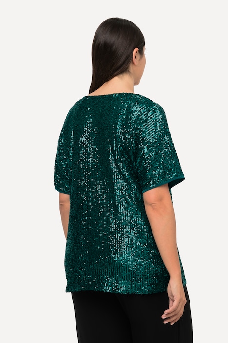 Pailletten-Shirt, Oversized, V-Ausschnitt, Halbarm