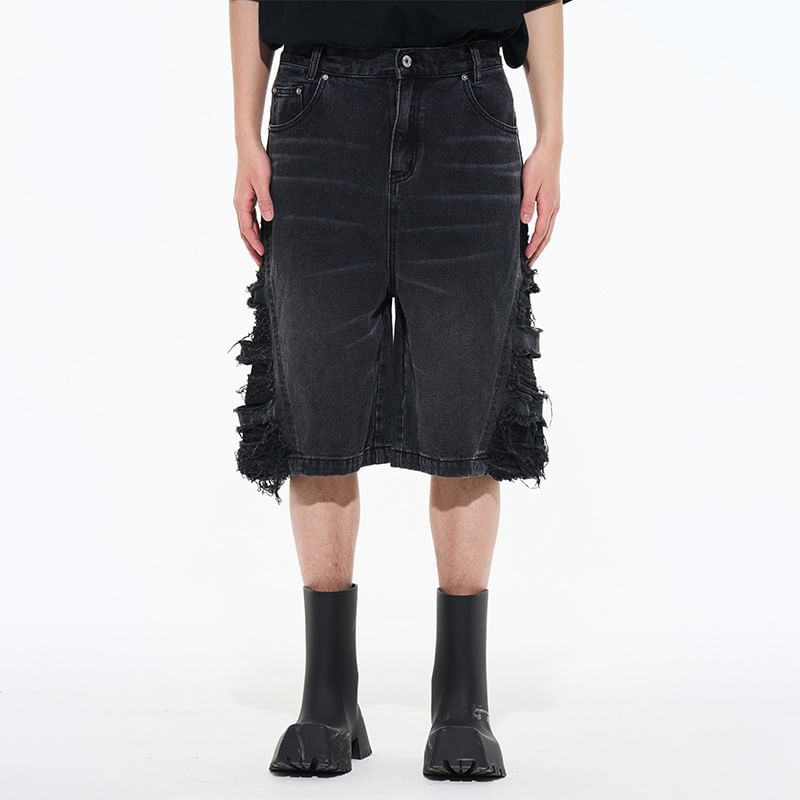 Cowpow - Hoge taille denim shorts met distressed effect