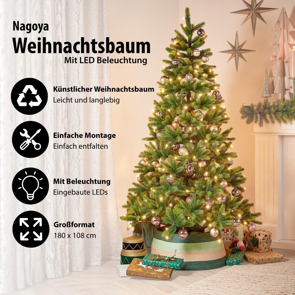 Black Box Trees Nagoya Weihnachtsbaum mit Beleuchtung - Künstlicher Tannenbaum H180 x Ø108 cm - Christmas Tree Warmweiße LED - Grün