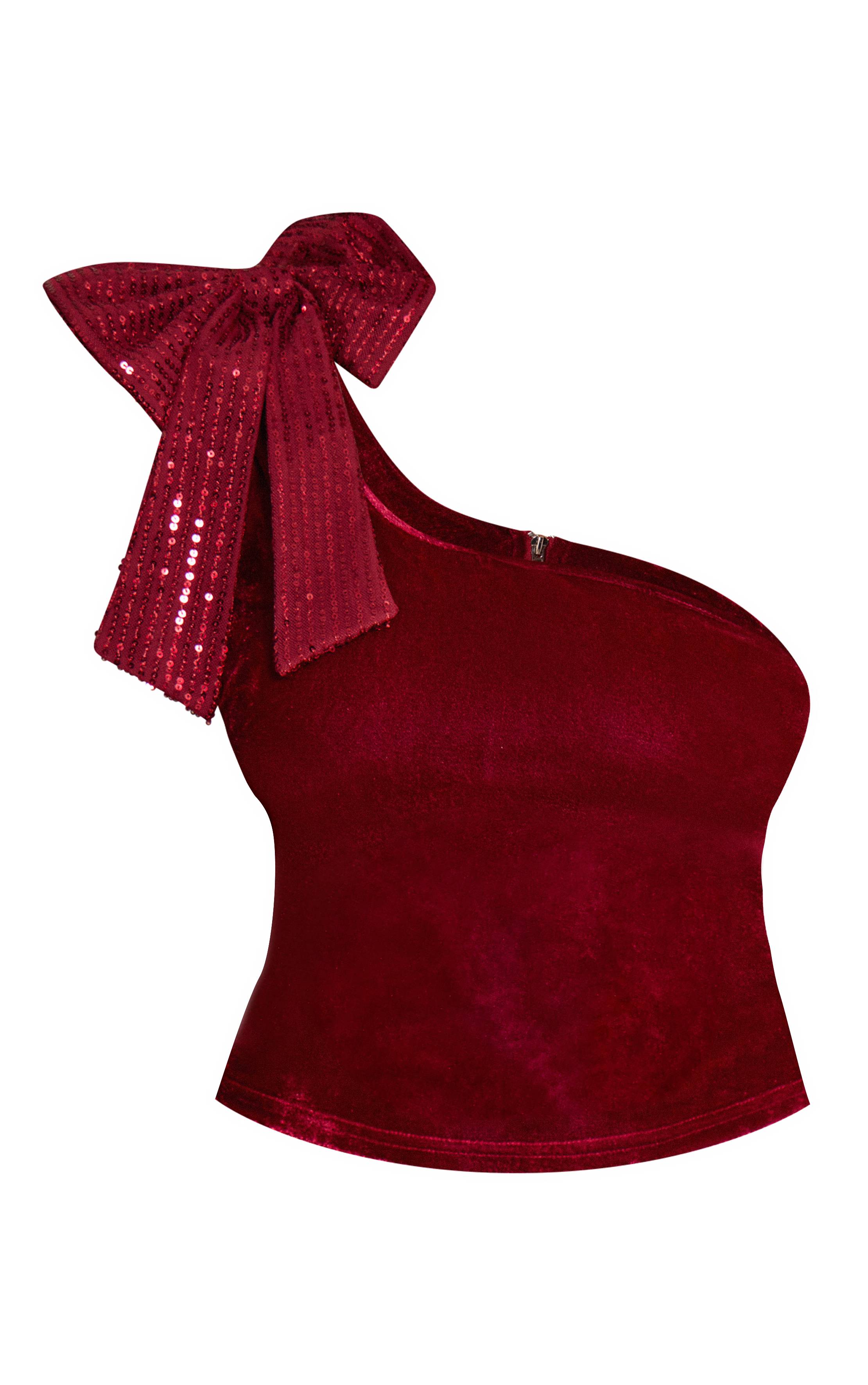 Rouge Bordeaux Haut Long Asymétrique En Velours À Sequins Avec Détail Nœud