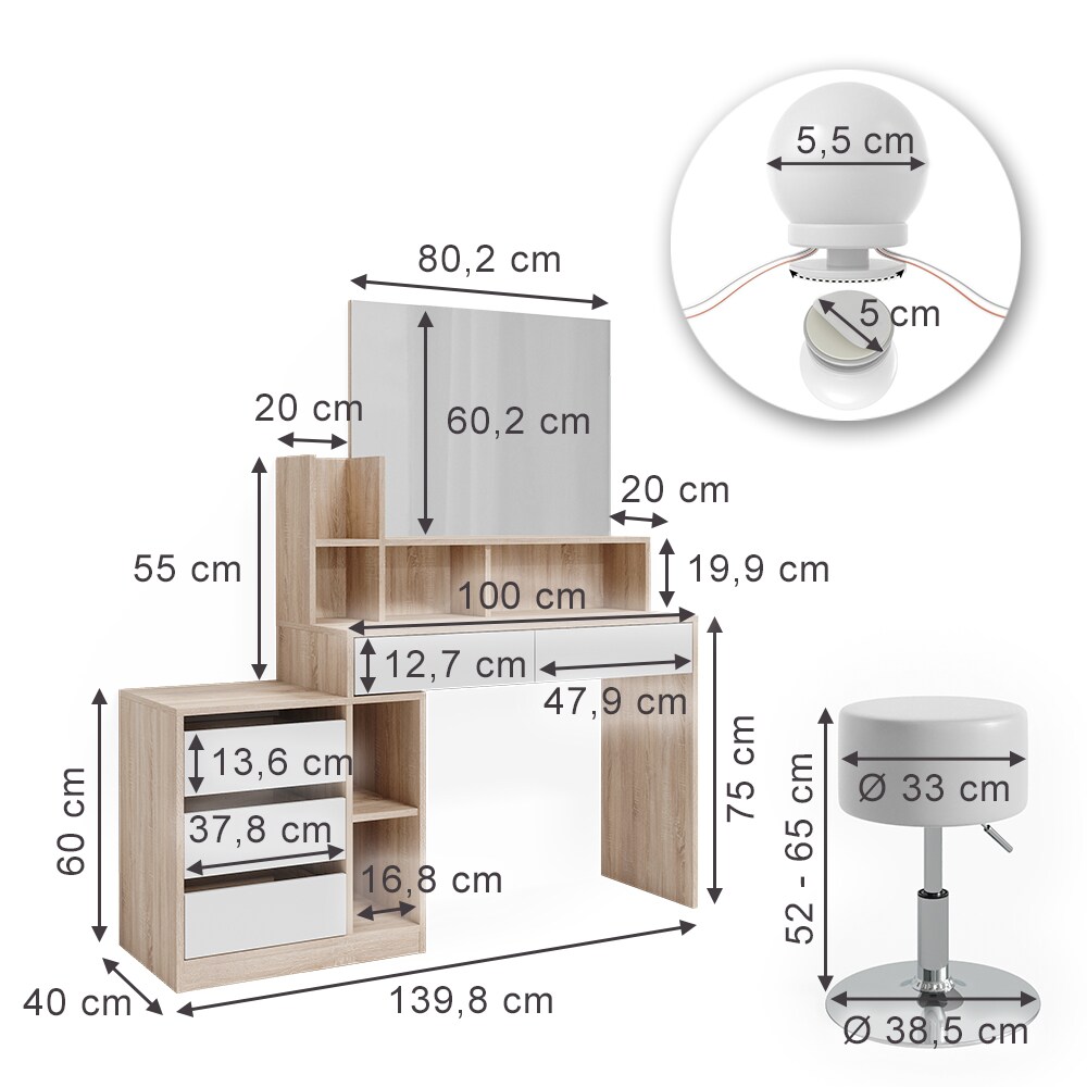 Vicco Schminktisch Anja 139,8 x 115 cm Sonoma Weiß Spiegel Hocker LED modern
