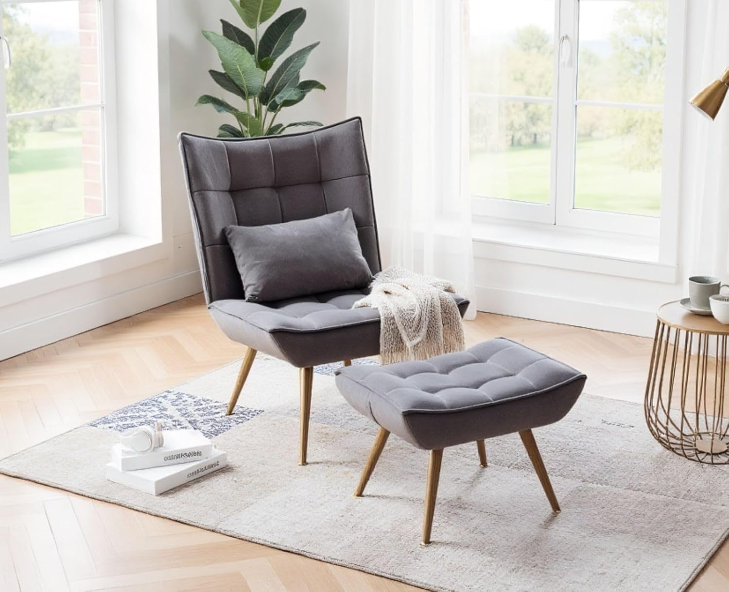 Loungesessel Sessel mit Hocker, Relaxsessel Ohrensessel Polsterstuhl mit Kopfkissen Goldenen Metallbeinen aus Samt, Fernsehsessel Lesesessel für Schlafzimmer Wohnzimmer, Grau