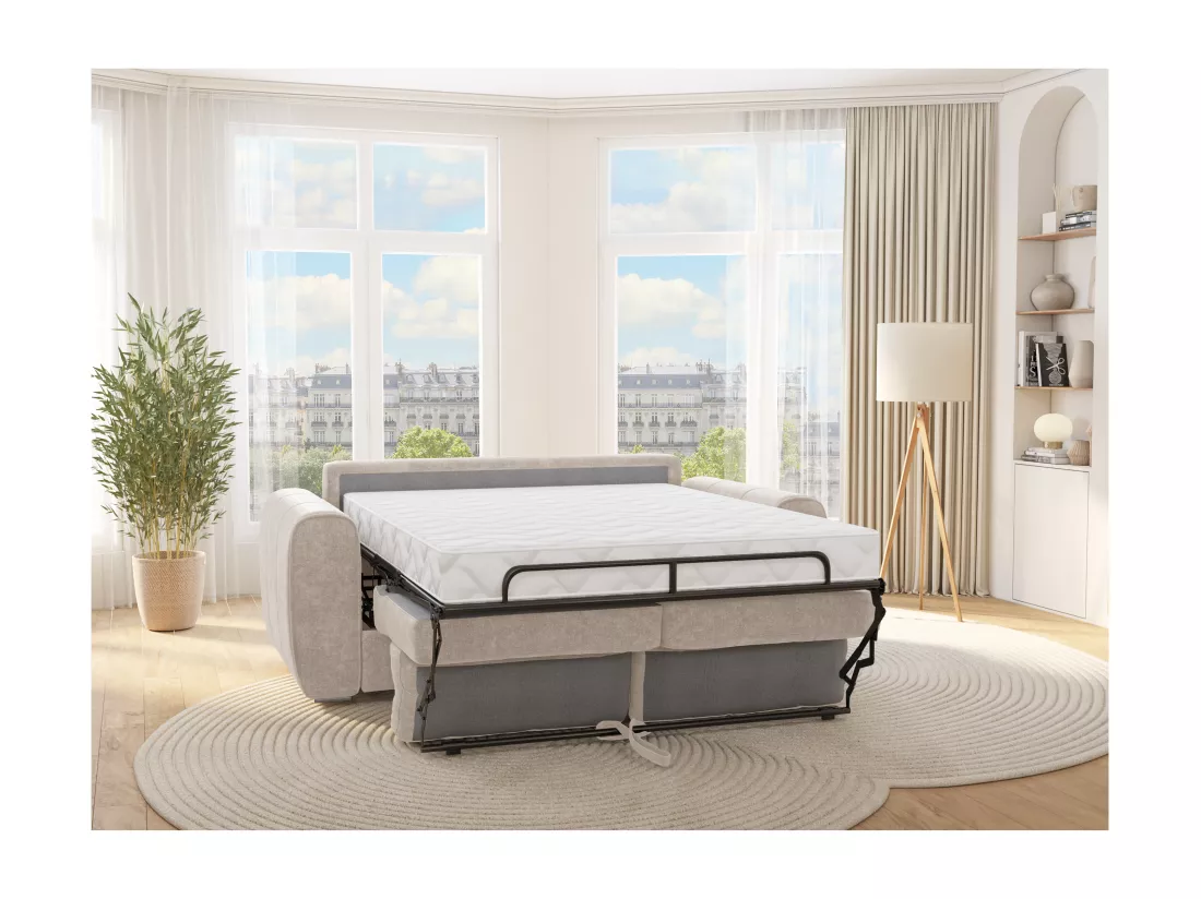 Canapé 4 places convertible express en tissu beige - Couchage 160 cm - Matelas 14 cm BOLIPO