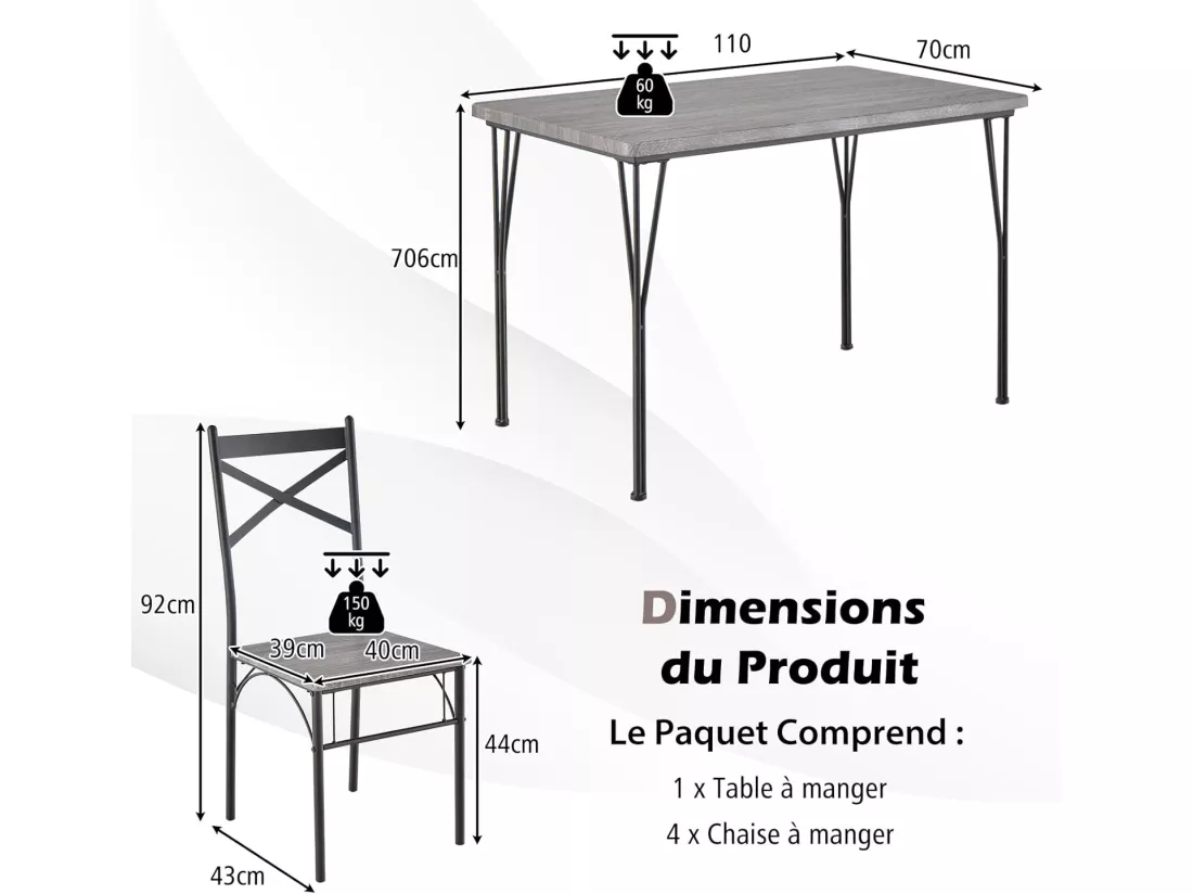 Ensemble Table à Manger avec 4 Chaises, Table de Cuisine avec 4 Chaises, Cadre en Métal, 110x70cm
