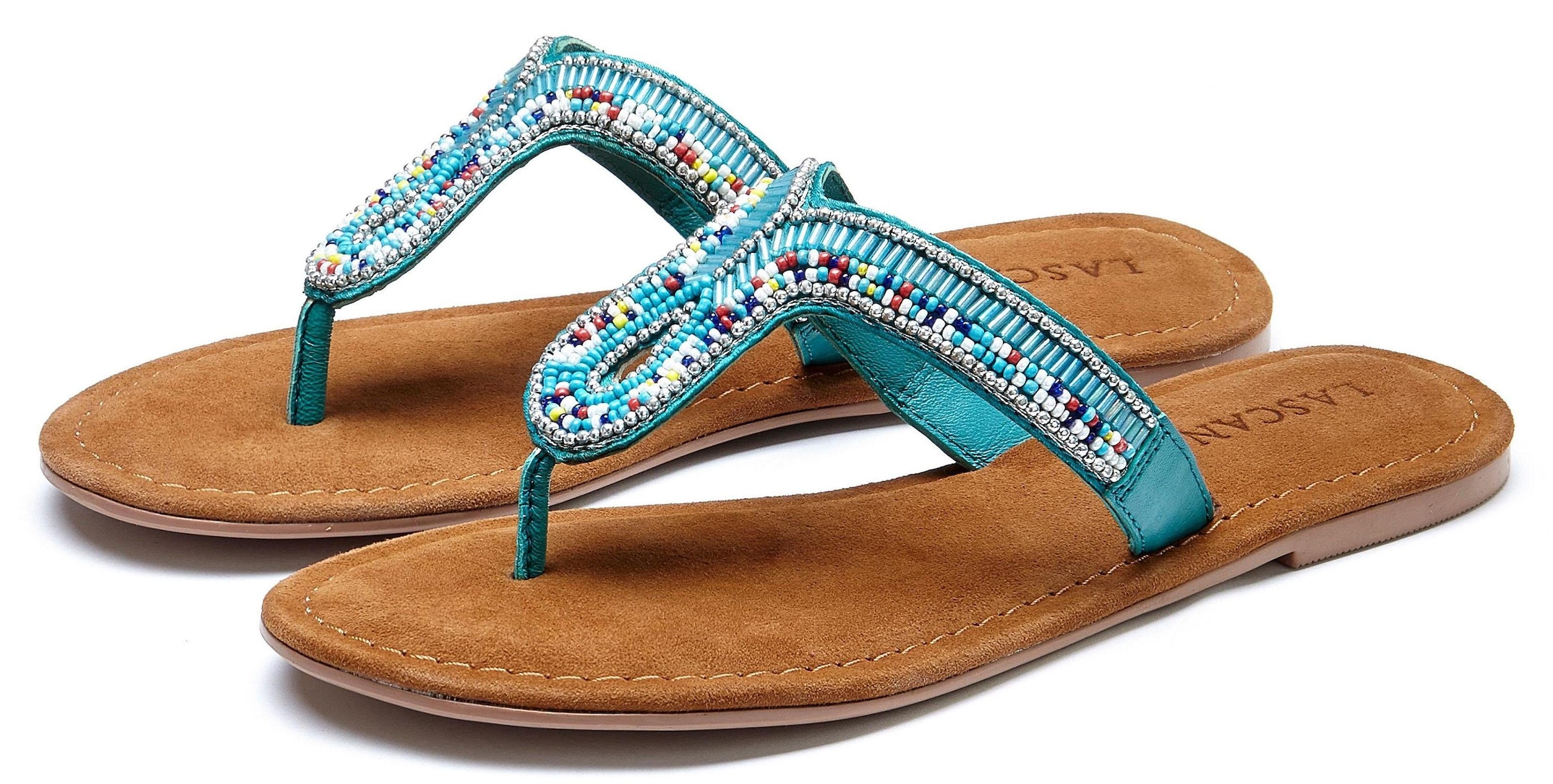 LASCANA Zehentrenner  Sandale, Pantolette aus Leder mit Zierperlen