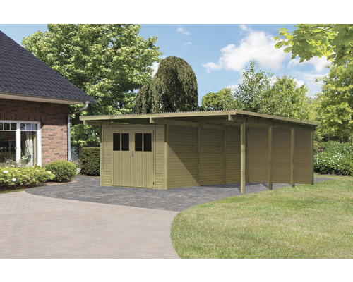 Dubbele carportset Karibu Eco 2 met geïntegreerde berging 11 m² en achterwand 527 x 576 cm, drukgeïmpregneerd