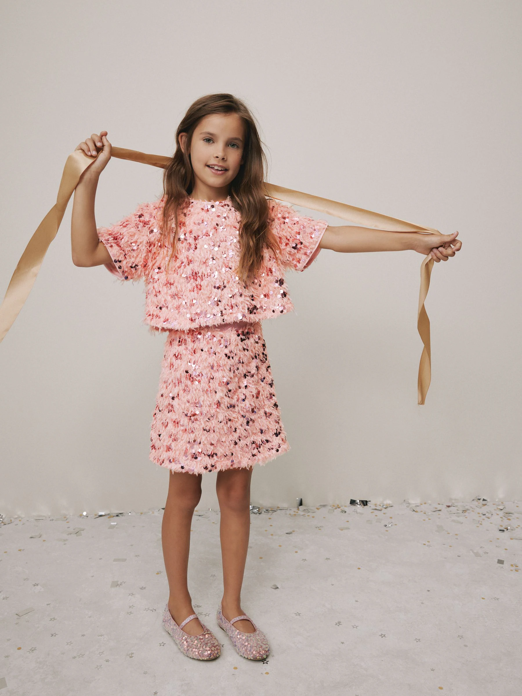 Roze pluizige Pailletten - Set van T-shirt en rok (3-16jr)