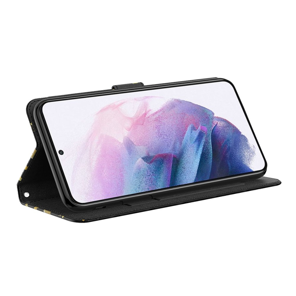 Samsung Galaxy S22 5G Leder Tasche mit Kartenfach   Handschlaufe - Schmetterling (Schwarz / Gold)
