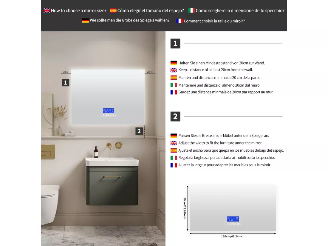 Miroir Salle de Bain avec Éclairage - 120 x 60 cm - Miroir LED Salle de Bain - avec Tactile, Anti-buée, Bluetooth, Horloge, Température, Dimmable