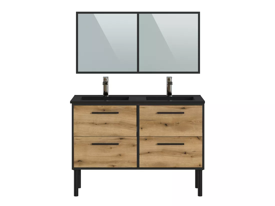 Meuble Salle de Bain coloris chêne et noir - Longueur 122 x Profondeur 64 x Hauteur 87,5 cm