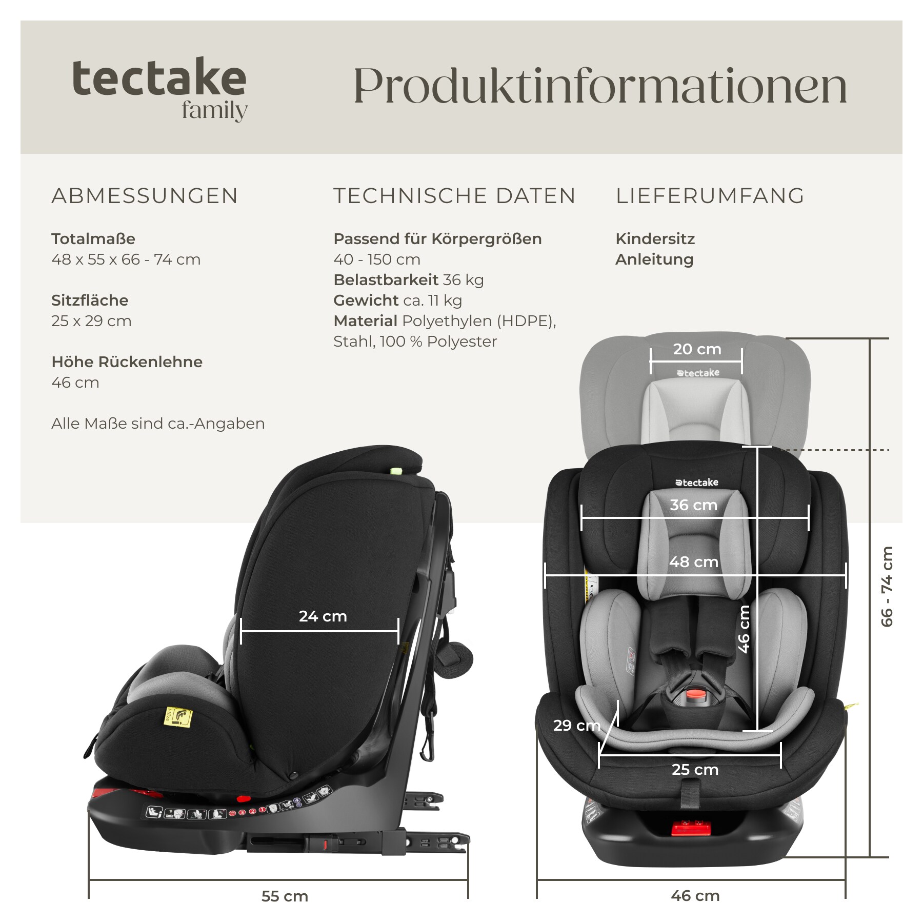 tectake® Drehbarer Autositz, i-Size Zulassung, ISOFIX-Installation und Top Tether, mit Seitenaufprallschutz, längenverstellbarer 5-Punkt-Gurt, höhenverstellbare Kopfstütze, ab Geburt bis 150 cm, Belastbarkeit 36 kg