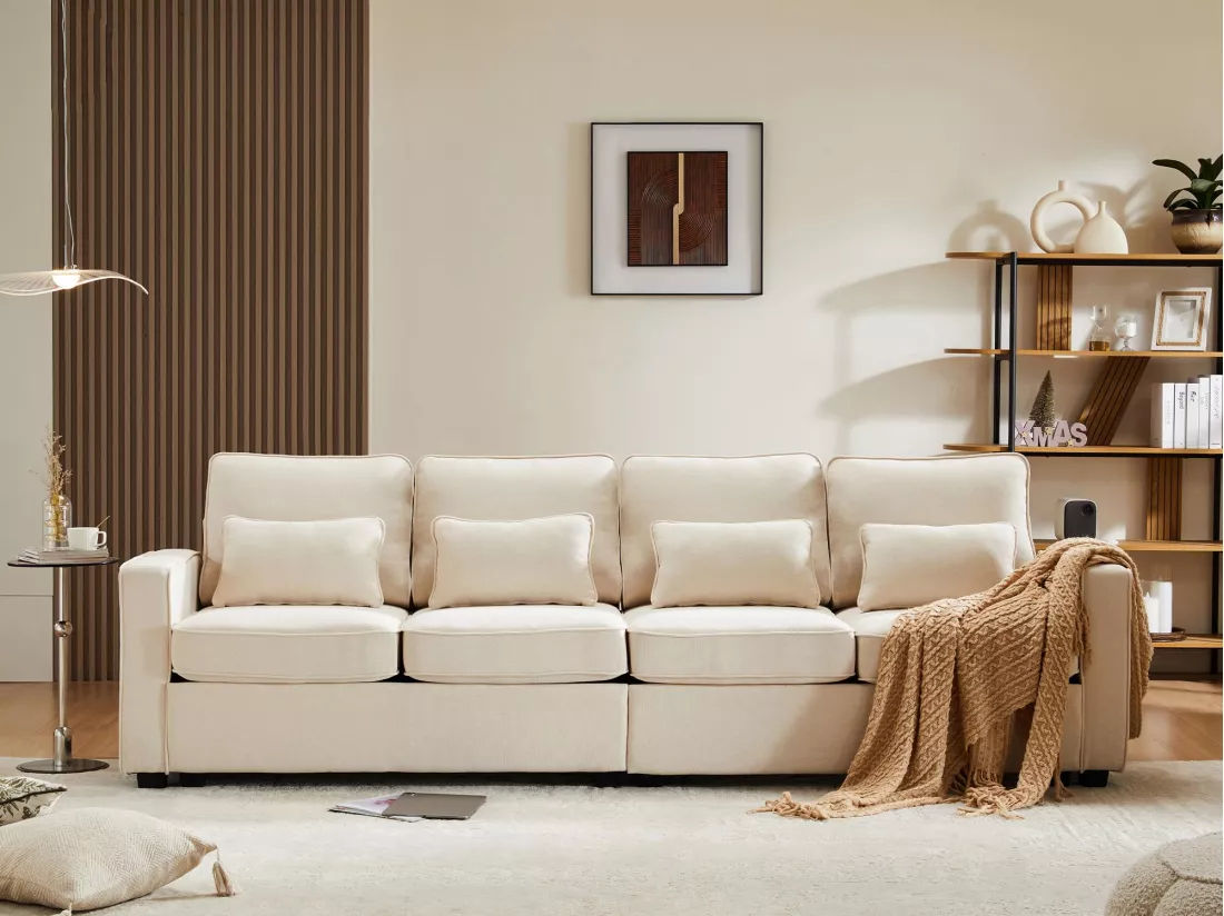 Canapé fixe 4 places en tissu lin - avec poches sur les côtés - Beige