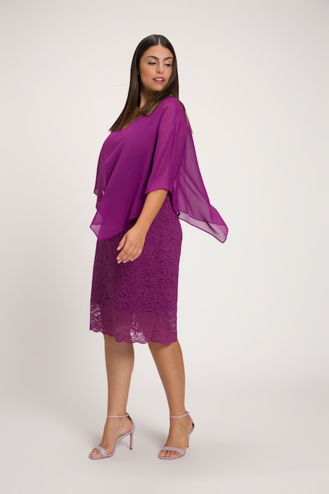 Abendkleid, Chiffon-Cape, Jersey, Spitzensaum, 3/4-Arm