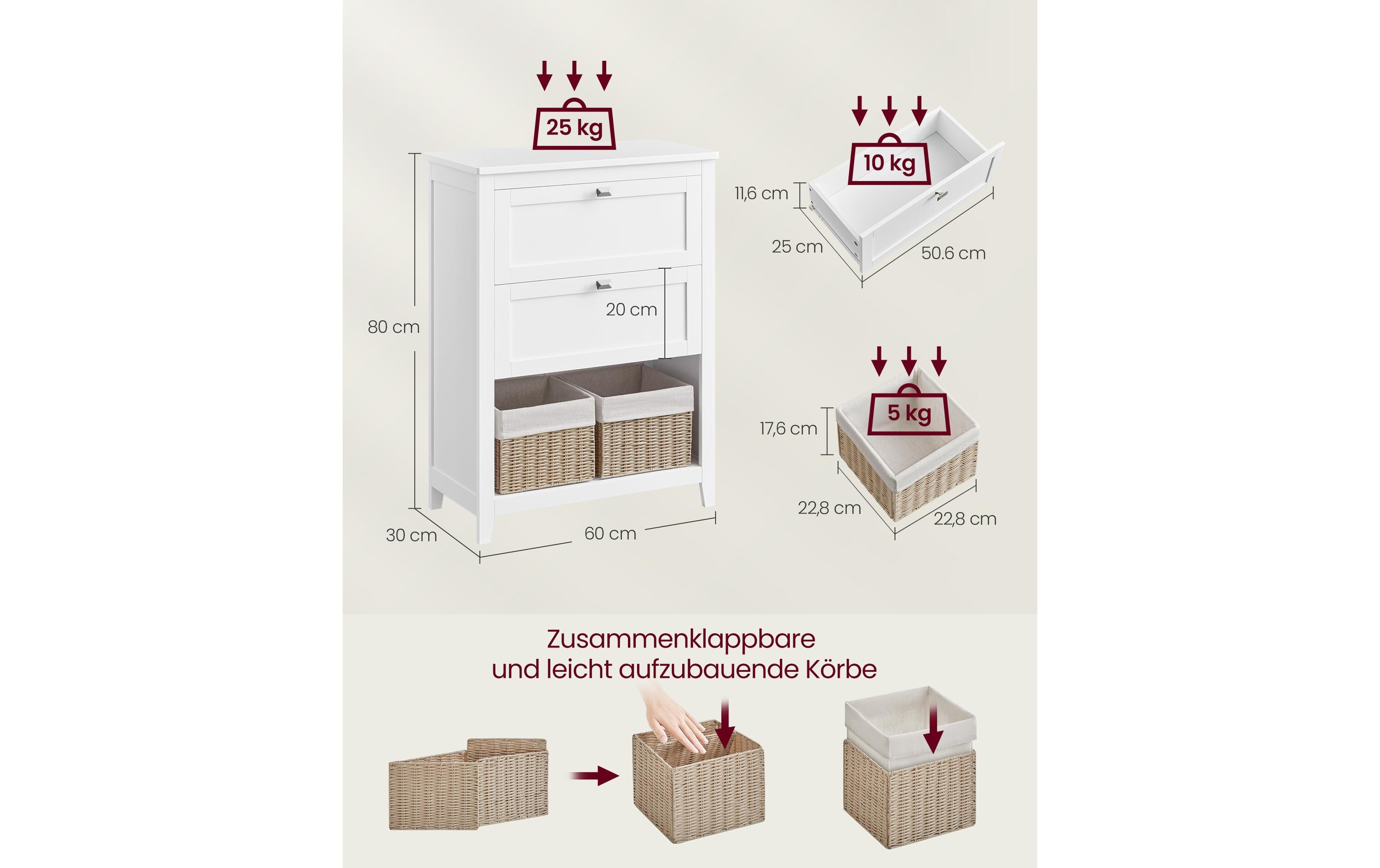 Badezimmer-Schrank 30 x 80 cm, Weiss<br>Schrank für das Badezimmer mit 2 Schubladen und 2 Körben