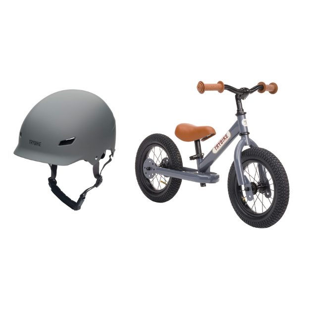 Trybike - Løbecykel + Cykelhjelm Størrelse S/M - Vintage grå (Bundle)