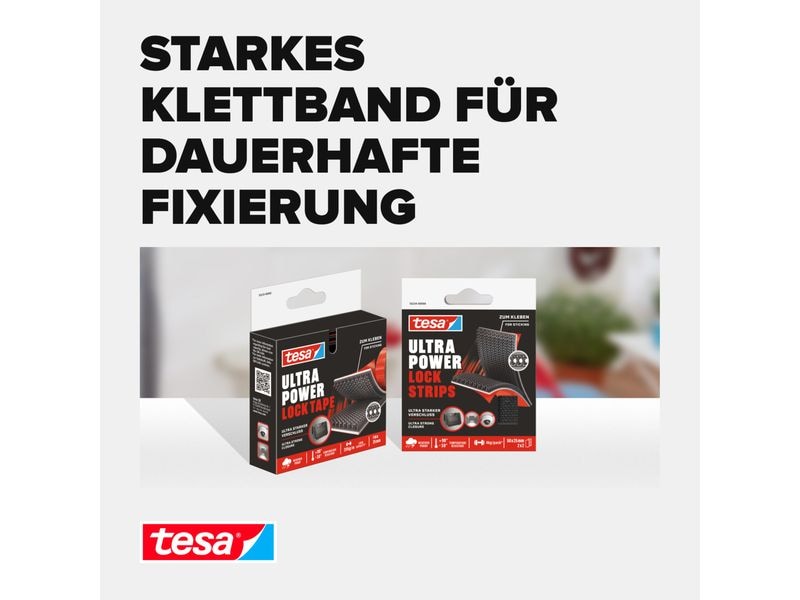 tesa Ultra Power Lock Strips 2 Paar 2 kg, 50 x 25 mm Selbstklebende Klettband-Streifen mit extrem starkem Klettverschluss – wetterfest