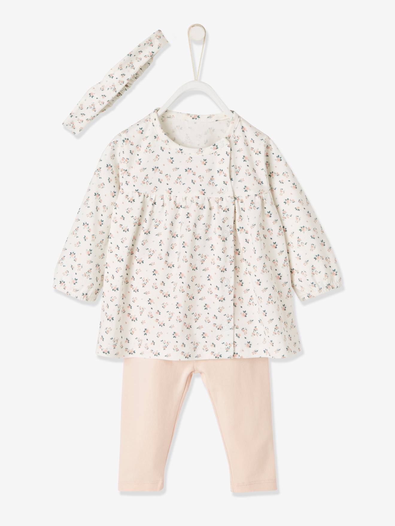 Conjunto de 3 peças com laço, vestido estampado e leggings para recém-nascida, estampa rosa médio.