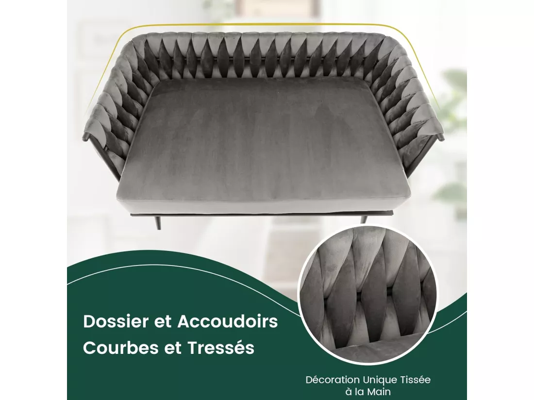 Canapé 2 Places en Velours Hollandais, Fauteuil de Salon pour 2 Personnes avec 2 Oreillers, Design Scandinave avec 5 Pieds Métalliques, Dossier et Accoudoirs Tissés, Charge 160KG (Gris)