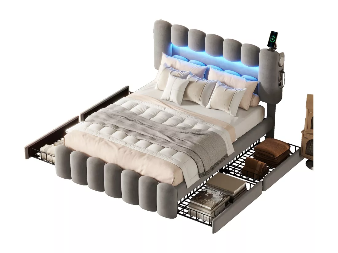 Lit avec tiroirs Lit adulte double 140 x 200 avec 4 tiroirs. LED avec USB et stéréo. en Cuir Gris