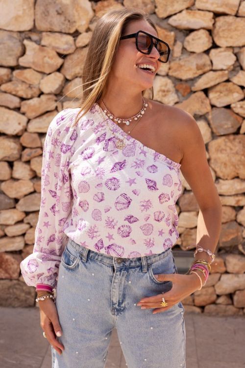 Witte one-shoulder top met paarse zee-print