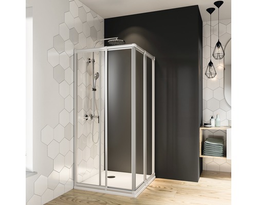 Hoekschuifdeur BREUER Fara 4 Express Q72 80-90 cm hoogte 185 cm helder glasprofiel kleur zilver mat