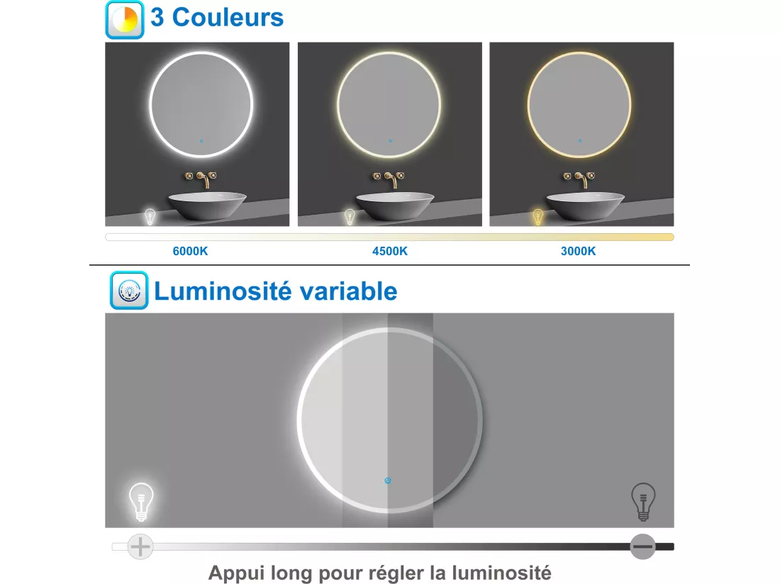 Miroir lumineux rond 80cm avec 3 Couleurs + Dimmable + Anti-buée, Mural Miroir salle de bain