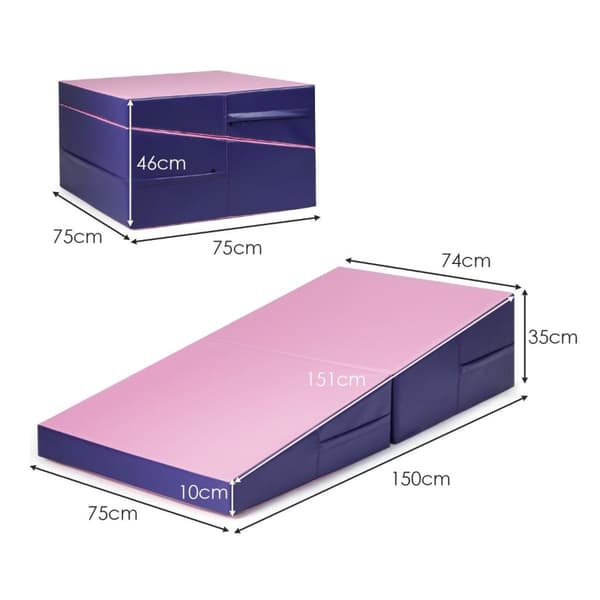 Skrå turnmatte, kileformet myk gulvmatte, sammenleggbar 2 i 1 turnmatte med bærehåndtak 150 x 75 x 36 cm rosa + lilla