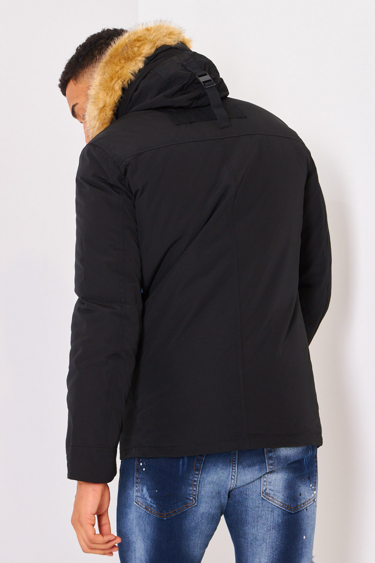 Parka noire capuche fausse fourrure