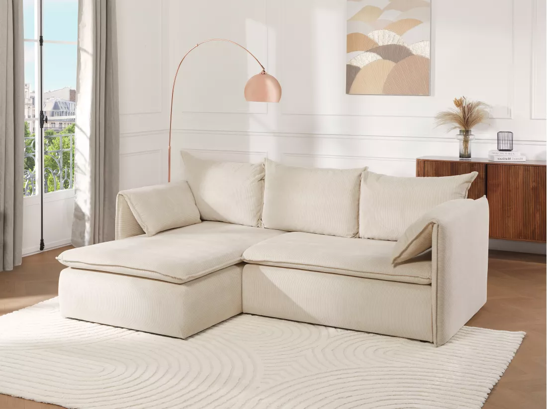 Canapé d'angle gauche convertible en velours côtelé beige TEODORA
