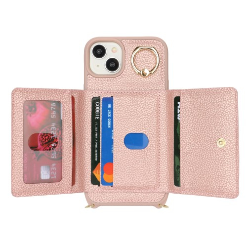 iPhone 14 / iPhone 13 Necklace Leder Hülle mit Münzfach und Kartenfächer   Finger Griff Halterung   Handykette - Roségold