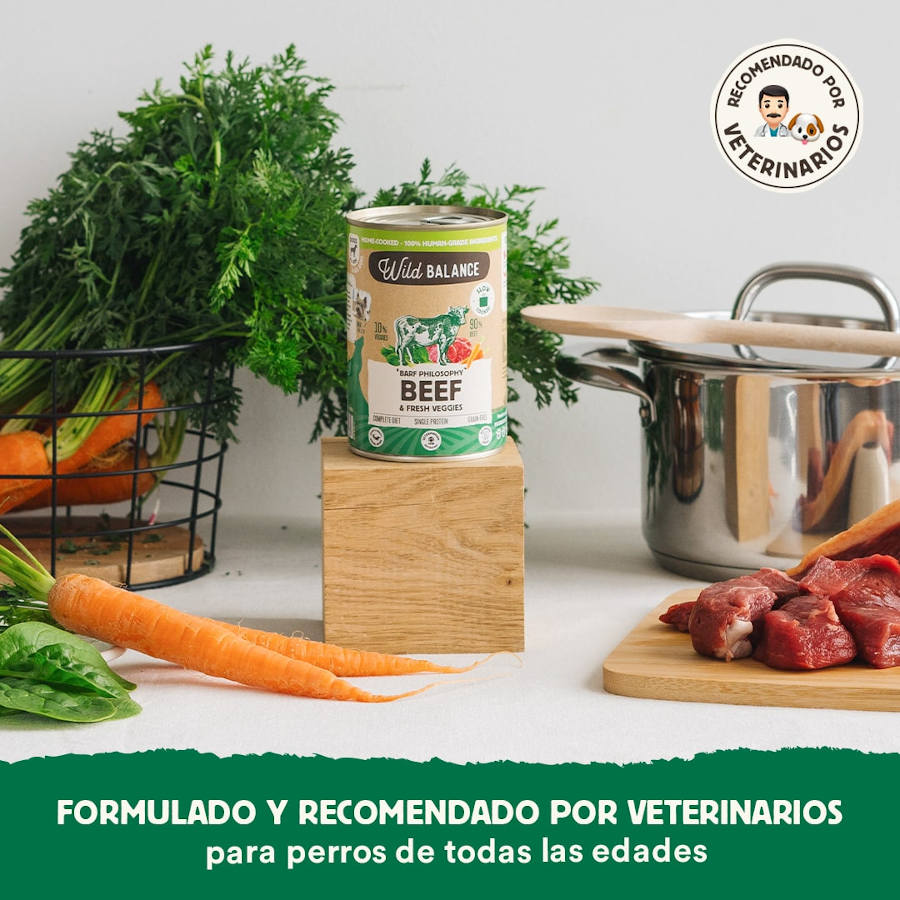 Ração Wild Balance BARF de 400g com carne bovina e vegetais para cães.