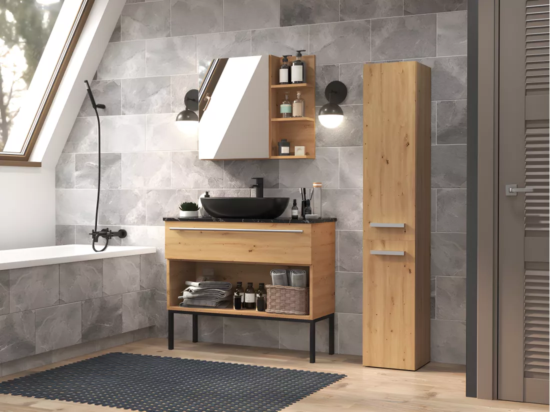 YANA - Meuble salle de bain avec panier à linge - 31x30x174 cm - Colonne rangement SDB