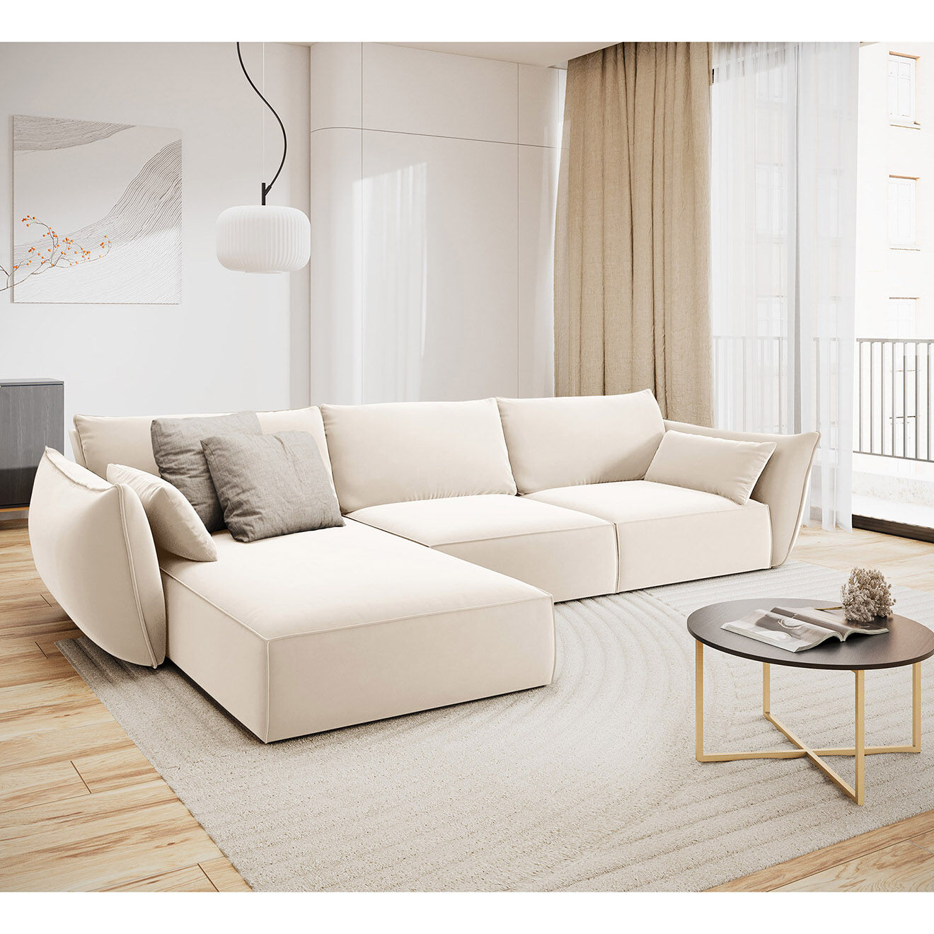 Mazzini Sofas Canapé d'angle gauche Velours Vanda 4 Places beige clair - 300x166x85 cm