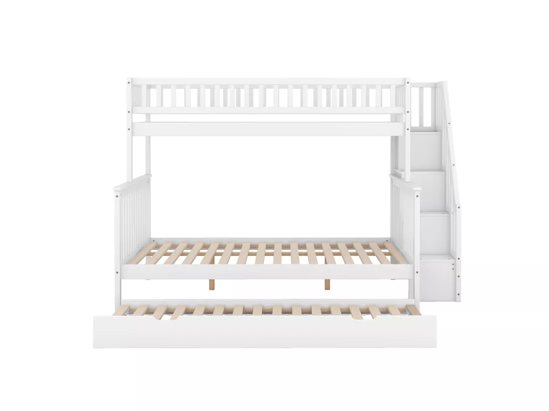 Lit superposé avec lit gigogne 3 places - 90 x 200 cm + 140 x 200 cm - escalier et étagères de rangement - pin et MDF - blanc