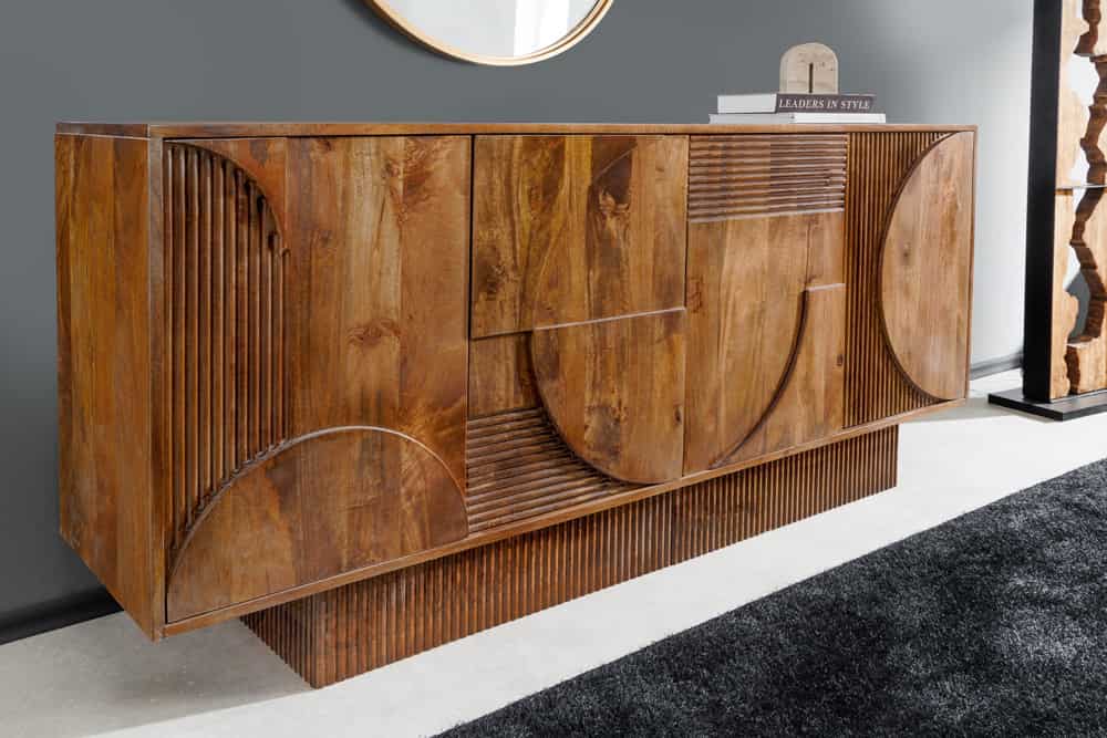 Massives Sideboard ART DECO 170cm braun smoke Mangoholz 3D-Front