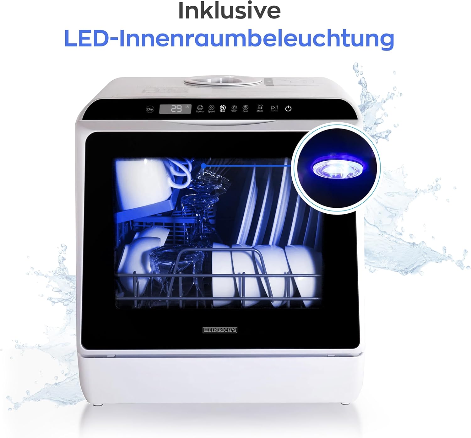 Heinrich´s tragbarer Mini Geschirrspüler, Spülmaschine, Tischgeschirrspüler mit 5L Wassertank, mit oder ohne Wasseranschluss nutzbar, klein+ freistehend für Büro, Camping/Wohnmobil, 6 Programme, 950W