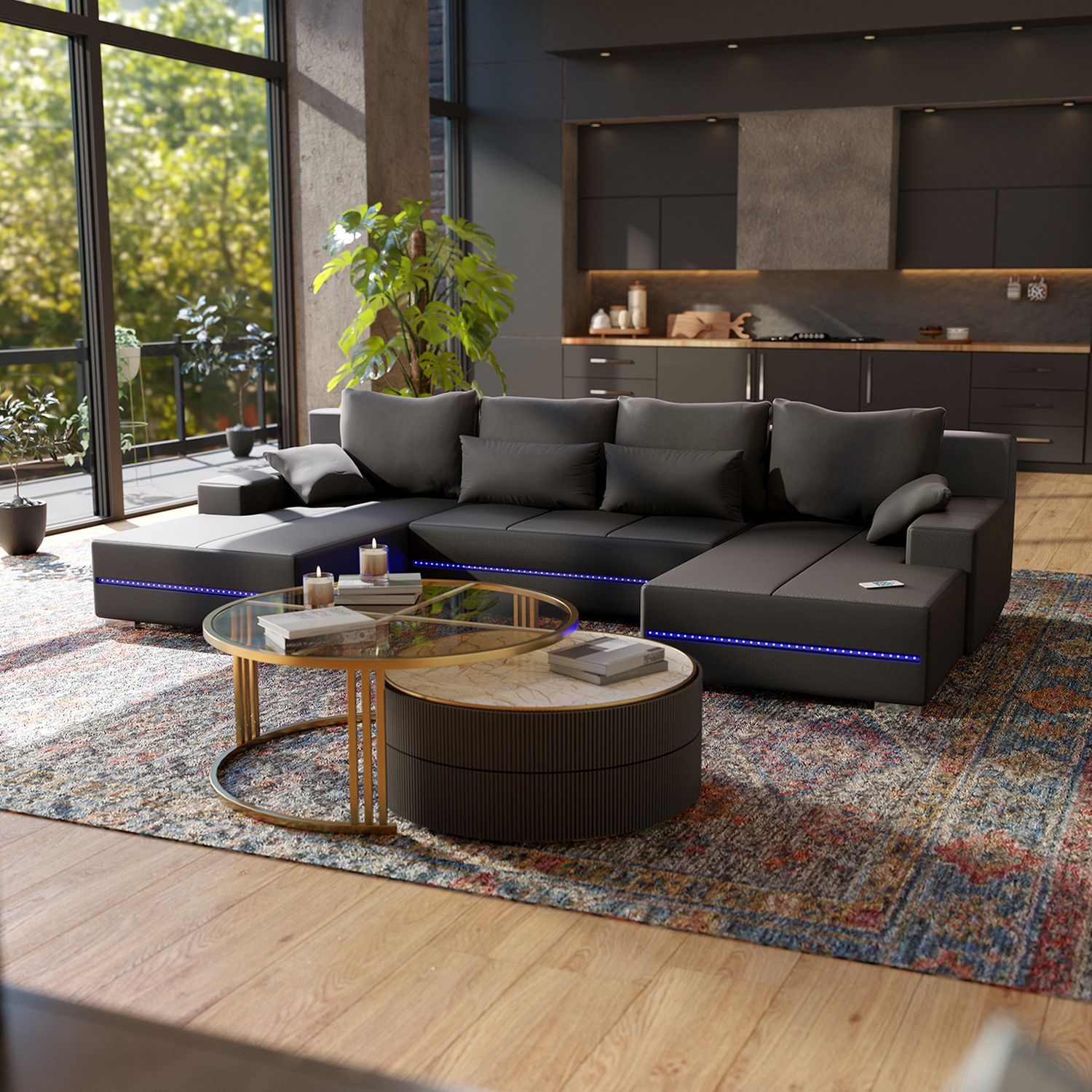 Juskys Sofa Malbun - Bequemes Wohnlandschaft mit Schlaffunktion, Bettkasten, Samt & LED - Dunkelgrau