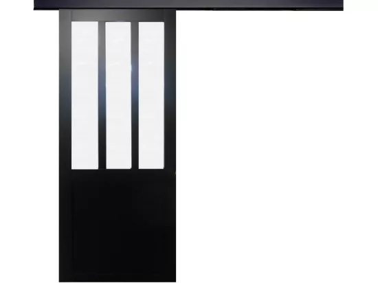 Porte Coulissant Atelier Noir Vitre Depoli H204 X L73 + Rail Alu Bandeau Noir Gd Menuiseries