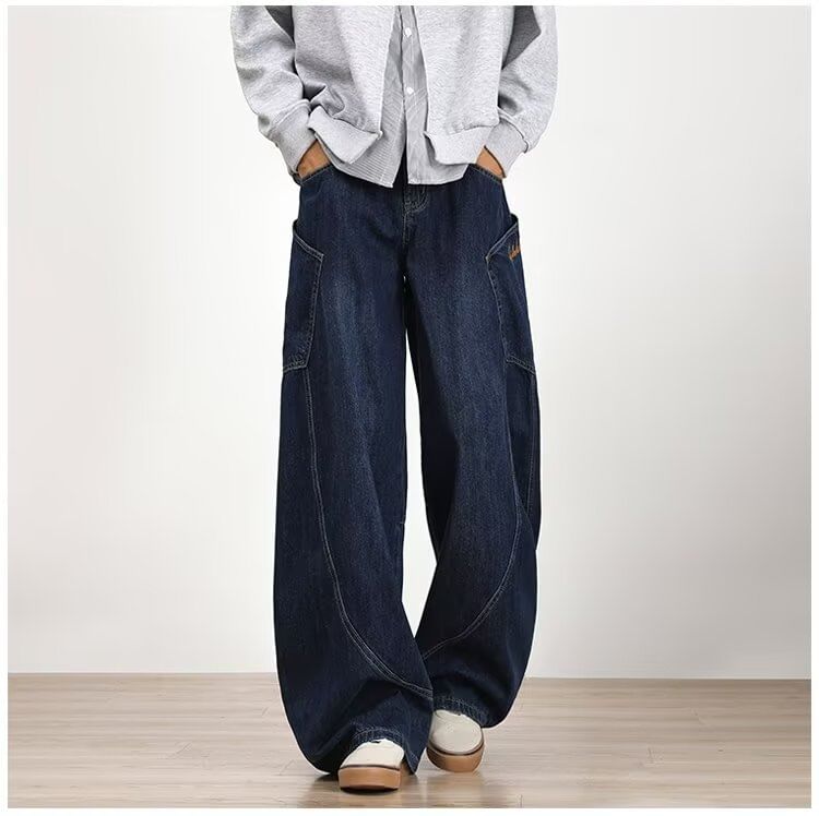 Urtishia - Mid Rise Lettering Geborduurde Gewassen Wijde Cargo Jeans