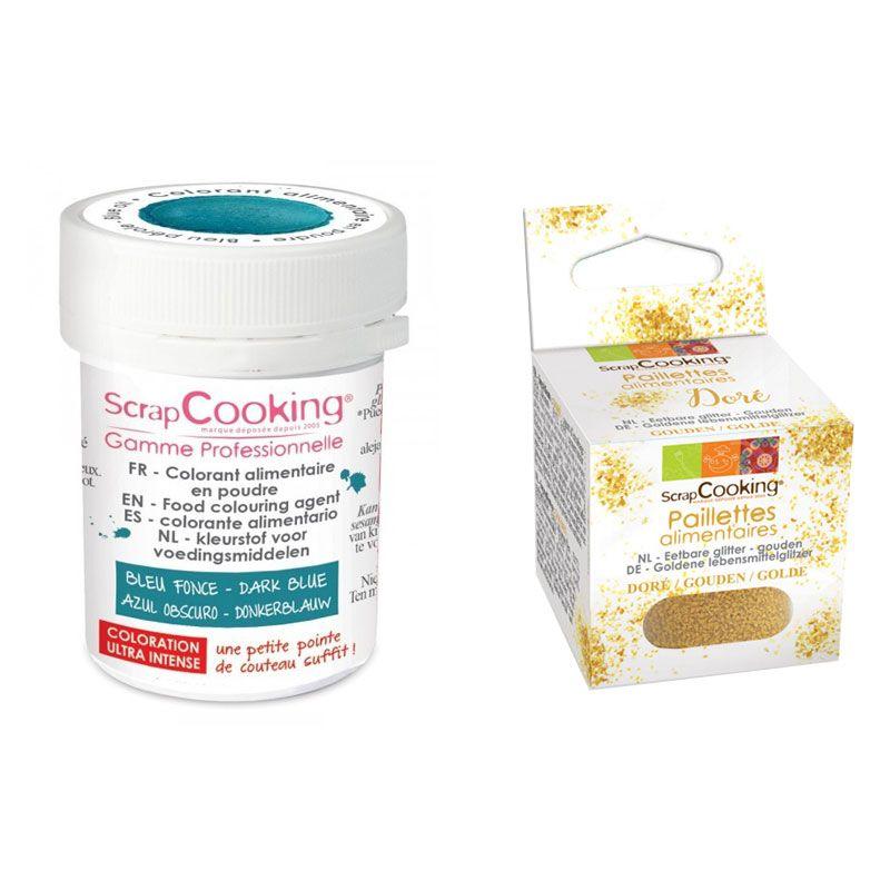 Colorant alimentaire en poudre bleu foncé + paillettes dorées Scrapcoo