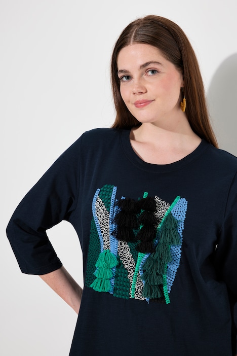 Shirt, Stickerei, Rundhals, 3/4-Arm, Biobaumwolle