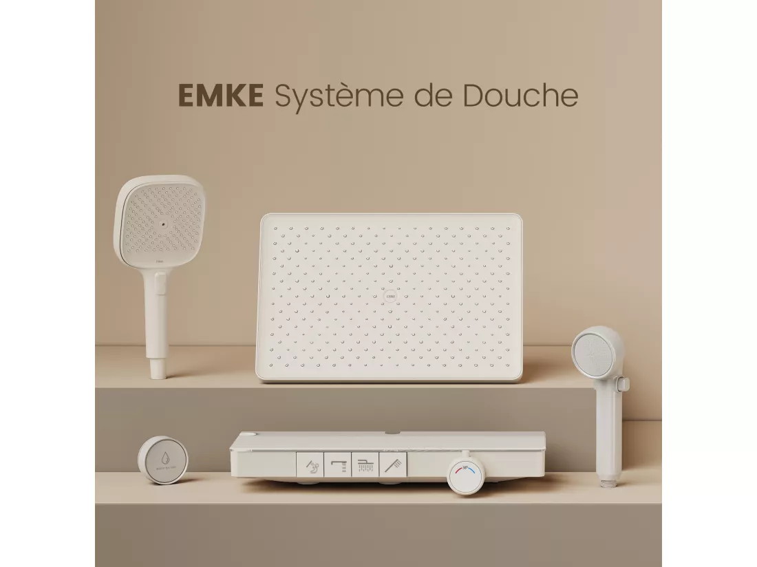 EMKE Colonne de douche avec thermostat 38℃ Douche pluie 40 cm étagère en verre avec 3+1 douchette parent-enfant+porte-douche - blanc