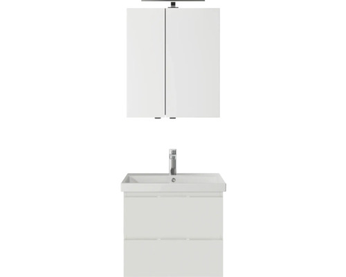 Pelipal badkamermeubelset serie 4035, BxHxD 60 x 200 x 45 mm, witte fronten. 3-delige badkamermeubelset bestaande uit een witte keramische wastafel, badmeubel en spiegelkast met ledverlichting.