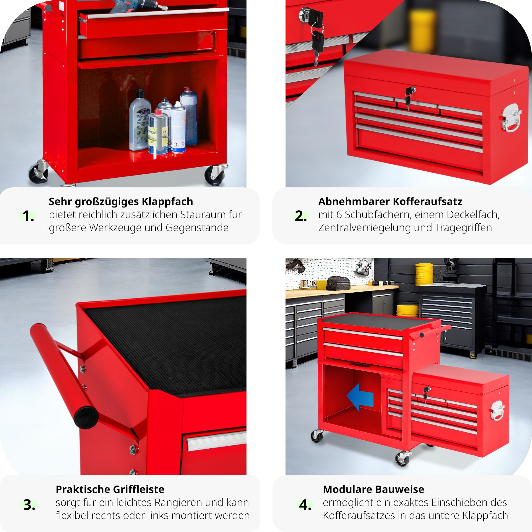 tectake® Werkzeugwagen, 8 kugelgelagerte Schubladen mit Antirutschmatten, großes Klappfach, mobiler Kofferaufsatz mit zentraler Sicherheitsverriegelung, Rollen Ø 100 mm